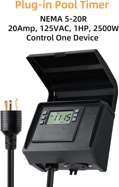 Digital Pool Pump Timer,NEMA L5-20R Plug-in Timer with Dual Outlets
