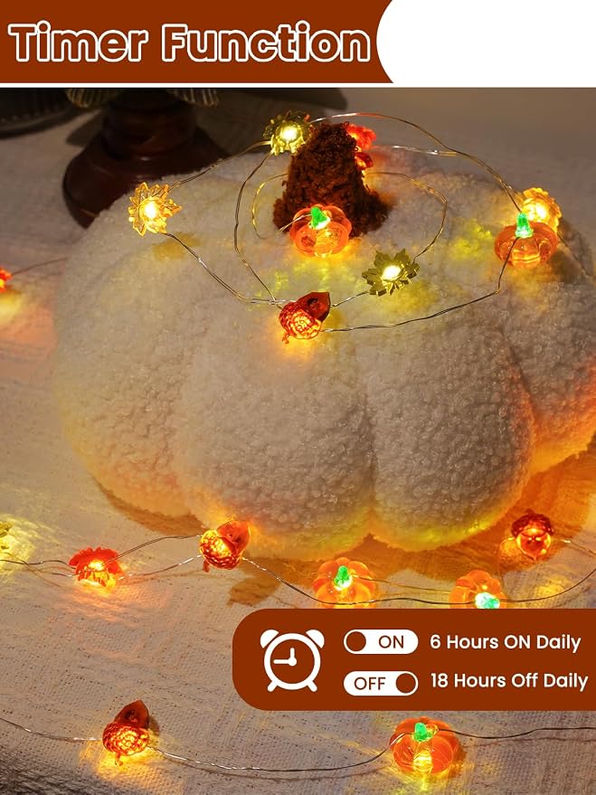 2 Pack 60LED Fall Decoration 3D Pumpkin Acorn Maple Leaf String Lights Battery Operated, 20FT Fall Lights with Remote, Waterproof 8 Modes Fairy Lights for Autumn Harvest Thanksgiving Halloween Decor