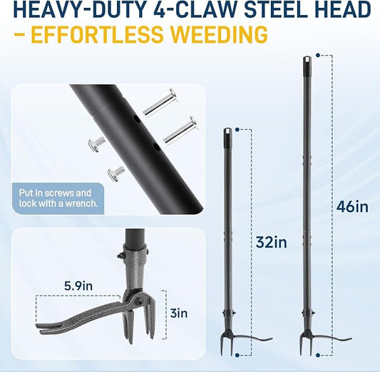 Stand Up Weed Puller Tool, 46" Adjustable Long Handle with 4-Claw Steel Head, Heavy Duty Weeder for Effortless Root Removal, No Bending or Kneeling