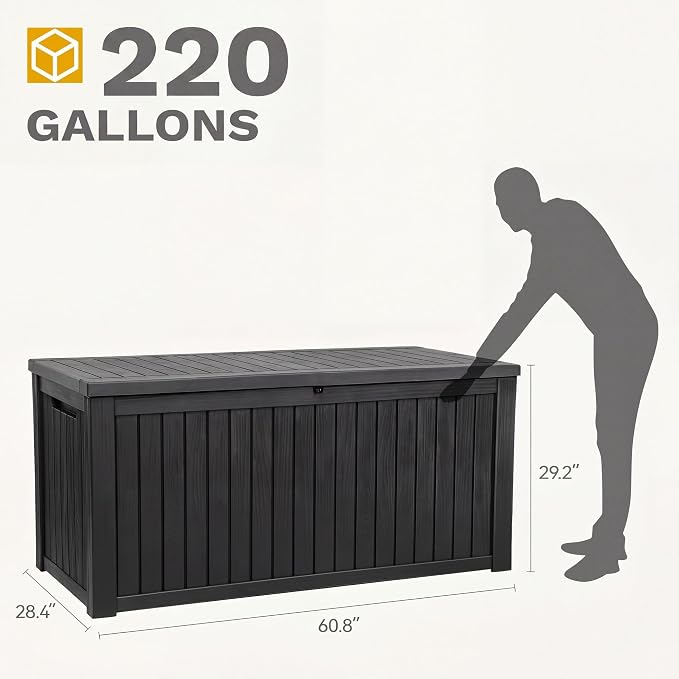 DWVO 220 Gallon Extra-Large Patio Deck Box, Waterproof Resin Outdoor Storage Box with Removable Divider for Patio, Garden, Pool, Furniture and Tools, Black