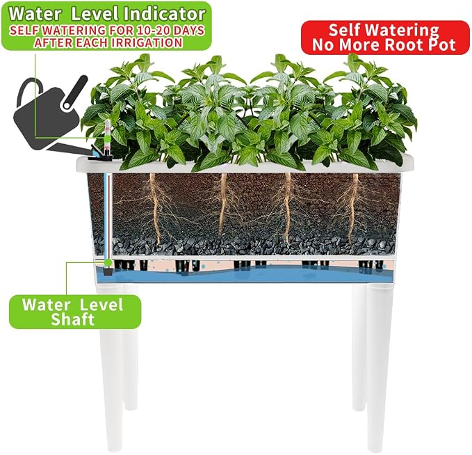4 Pcs Self Watering Elevated Raised Garden Bed, Large Outdoor Plastic Planter Box Big Flower Plant Pot for Planting Flowers Vegetables and Herbs (4, White)
