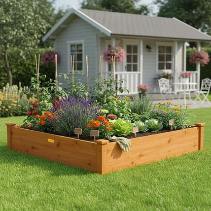 Hollyone 4x4 Raised Garden Bed Wood Frame Planters Wooden Elevated Planting Planter Box for Outdoor Herb Vegetables Flowers Grass Lawn Yard Patio - Natural Brown 48" X 48" inches