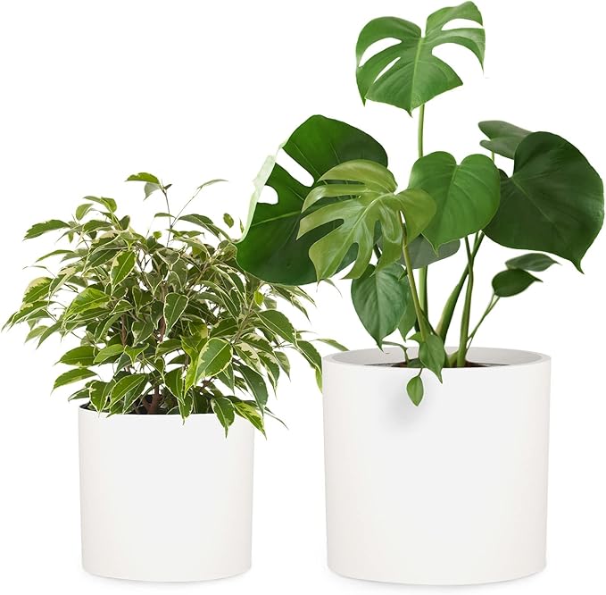 Fox & Fern Large Indoor Planter, Modern Large Plant Pot for Indoor or Outdoor, UV and Frost Resistant - Set of 2: 12 and 14.6 Inch, White Flower Pot with Drainage Plug, Lightweight