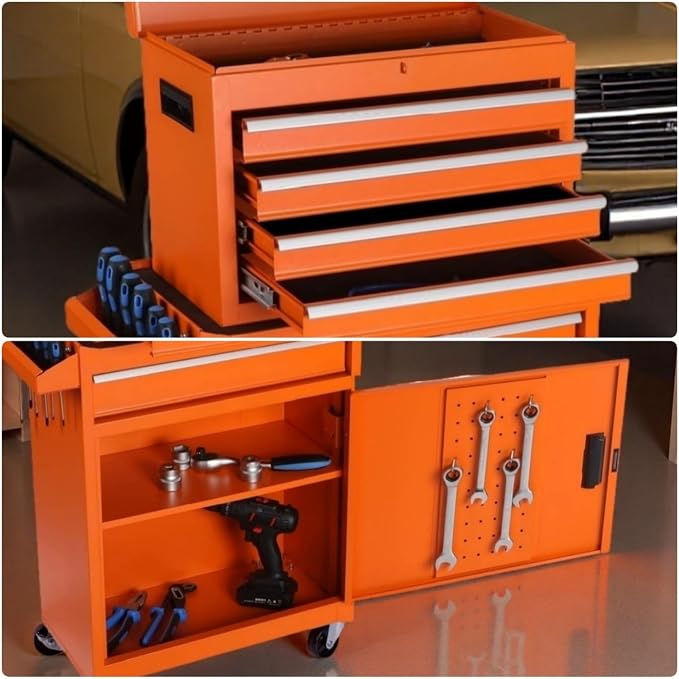Tool Chest, 5-Drawers Rolling Tool Storage Cabinet with Detachable Top, Adjustable Shelf, Lockable Wheels & Locking Mechanism, Multifunctional Tool Cart for Garage Warehouse, Orange