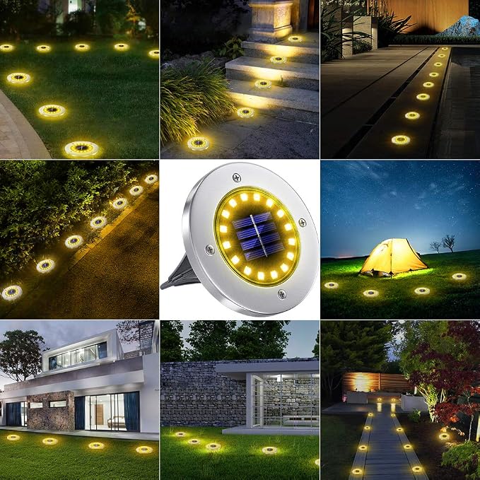 NFESOLAR Solar Ground Lights Outdoor with 16 LEDs Waterproof for Outdoor | Stainless Steel Shell, Wire-Free, Easy to Use for Garden Yard Lawn Pathway Walkway- Warm White 8 Pack