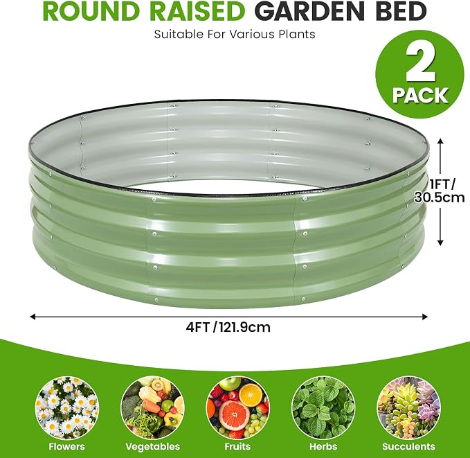 Galvanized Raised Garden Bed Outdoor 2Pcs | 4x4x1ft Metal Raised Beds for Gardening with Safety Rubber Strip | Round Planter Box for Plants Like Vegetables Fruits Flowers, Olive Green