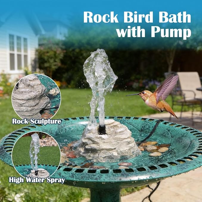 Bird Bath Fountain, Resin Granite with 9.8ft Long Wired Pump for Outdoor Garden Patio Decor, Rock Water Feature Fountain for Hummingbird Birdbath Aquariums and Fish Tank (Gray)