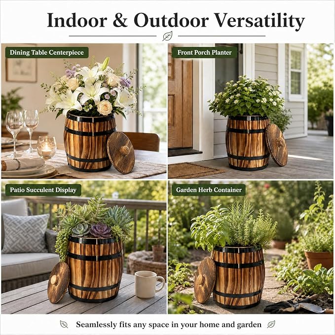 Sunmuliiiy4Pcs Wood Wine Barrel Vase 8" x 6.5" Rustic Wooden Flower Vase Rustic Barrel Barrel Planter for Wedding Reception Table Decoration Home Indoor Outdoor Garden, Kitchen, Party Table Decoration