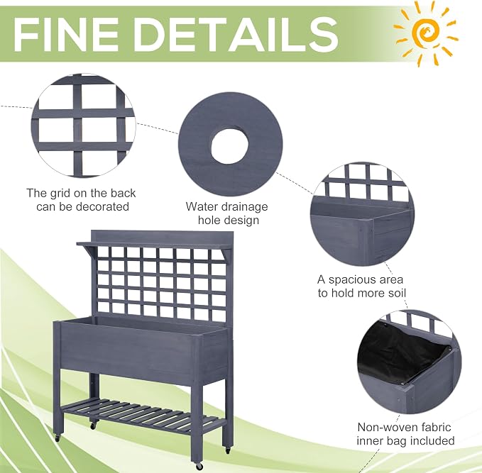 Outsunny 41" Raised Garden Bed with Trellis on Wheels, Wooden Elevated Planter Box with Legs and Bed Liner, for Flowers, Herbs & Vegetables, Gray