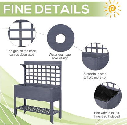 Outsunny 41" Raised Garden Bed with Trellis on Wheels, Wooden Elevated Planter Box with Legs and Bed Liner, for Flowers, Herbs & Vegetables, Gray