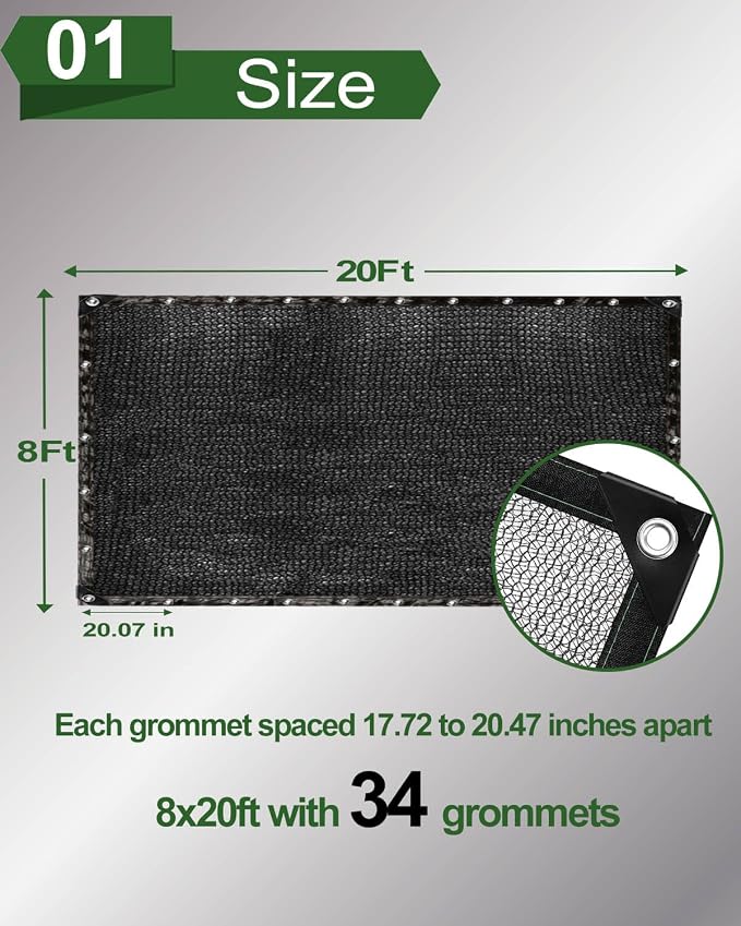 vensovo 30% Sunblock Shade Cloth Net Black Resistant - 8x20 Ft Garden Shade Mesh for Plant Cover, Greenhouse, Chicken Coop, Kennels, Tomatoes Plants