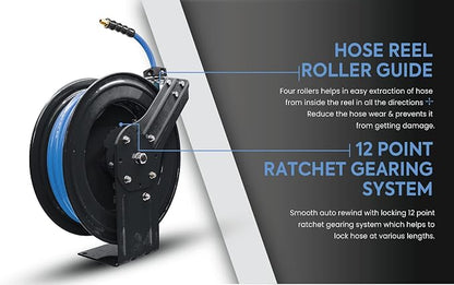 BLUBIRD BBR3825 20ga. Retractable Hose Reel with 3/8" x 25' Air Hose, 12 Point Ratcheting Gear, Next-Gen Rubber, Lightest, Strongest, Most Flexible, 300 PSI, -50F to 190F Degrees, Polyester Braided