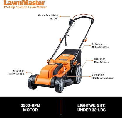 LawnMaster MEB1216K Electric Lawn Mower 16-Inch 12AMP