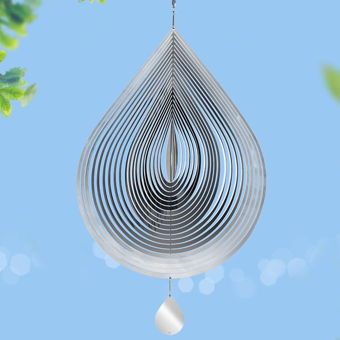 Stainless Steel Wind Spinners Outdoor Garden Decor, Gifts for Women Mom,3D Metal Reflective Bird Devices Deterrent to Keep Scare Woodpecker Pigeon Away Outside Patio Yard House(Silver Droplet,12 Inch)