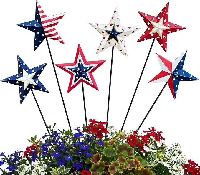 4th of July Decorations Outdoor 19" Metal Barn Star 6-Pack, Patriotic Outdoor Decorations, Rustic Iron Decorative Garden Stakes with American Flag Stars for Yard Patio Lawn