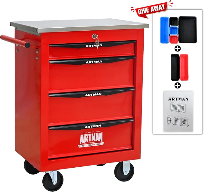 KEIKI 4 Drawers Tool Cart on Wheels,Multifunctional Rolling Tool Chest Tool Storage,Drawers Rolling Tool Trolley Organizer Tool Case for Garage, Warehouse, Workshop, Repair Shop (Red)