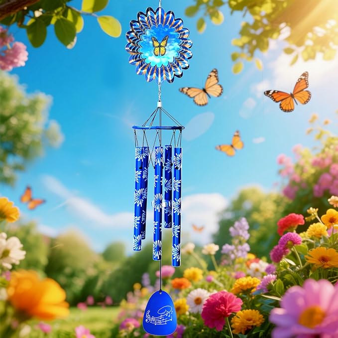Memorial Wind Chimes with Animated Butterfly Wind Spinner, Wind Chime Outdoor Clearance, 33 inch Sympathy Windchimes, Outdoor Garden Decor & Heartfelt Gifting, Suitable as A Gift for Unisex
