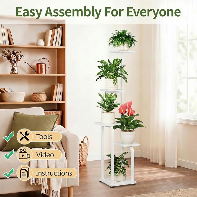 LASZOLA 5 Tiered Plant Stand Tall for Indoor Corner, Modern Multiple Flower Display Rack with Wooden Tray, Vertical Planter Shelf for Living Room Bedroom Patio Garden Balcony, White