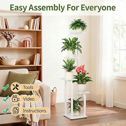 LASZOLA 5 Tiered Plant Stand Tall for Indoor Corner, Modern Multiple Flower Display Rack with Wooden Tray, Vertical Planter Shelf for Living Room Bedroom Patio Garden Balcony, White