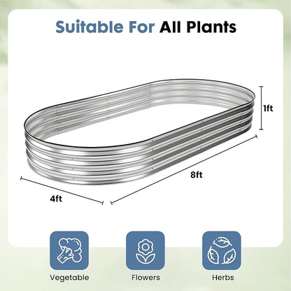 DUMOS Galvanized Raised Garden Bed, 8x4x1ft Outdoor Metal Planter Box, Heavy-Duty Planter Raised Bed for Vegetables Herbs Flowers, Oval Rustproof Flower Beds for Backyard Patio, Open Bottom