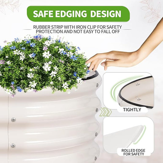 Galvanized Raised Garden Bed - 4x2x1FT Metal Planter Boxes Outdoor | Oval Steel Raised Bed Kit for Gardening with Protective Tape, Gloves for Vegetables, Flower, Herb (White)