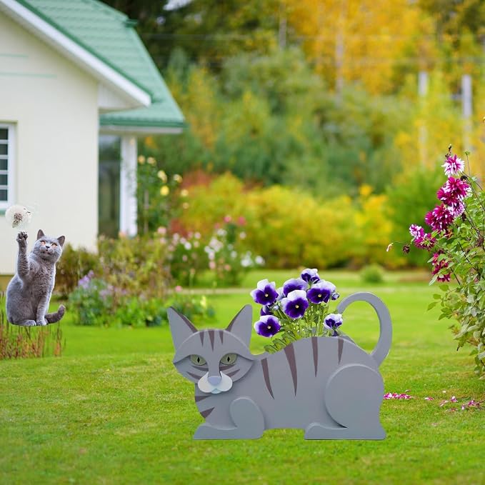 Blue Cat Planter Pots, 12.5 x 5.6 x 7.8 Inches | Cat Flower Pot, Cute Animal Shaped Plant Pot, Gifts for Women & Pet Lovers, Indoor Outdoor Garden Home Office Decor