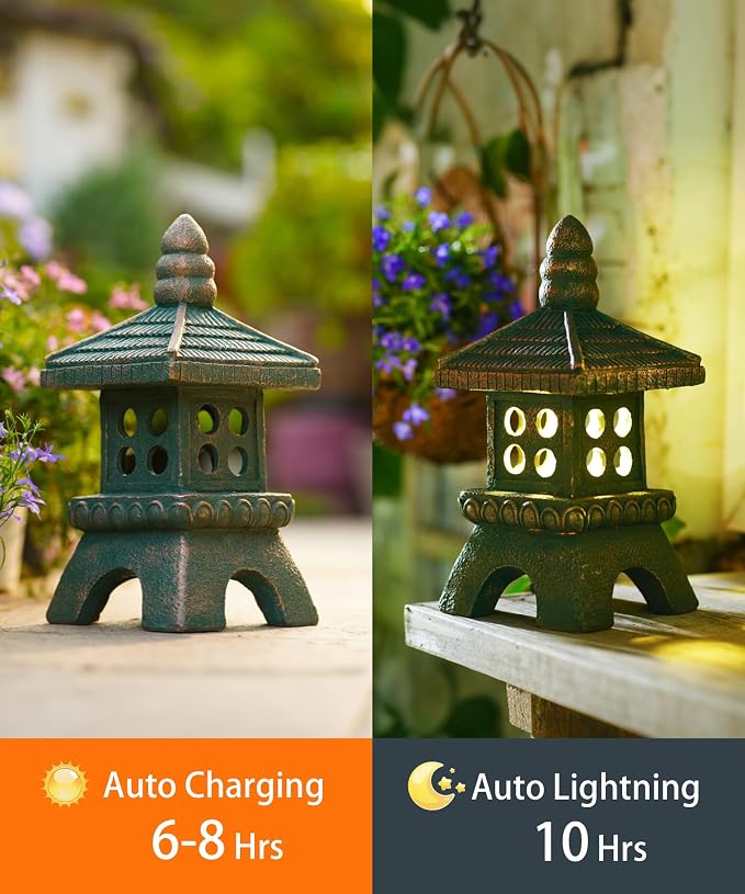 Nacome Solar Pagoda Garden Statues: 11.5 inches Outdoor Weatherproof Resin Zen Decor for Landscape Balcony Patio Porch Yard Ornament(Bronze)