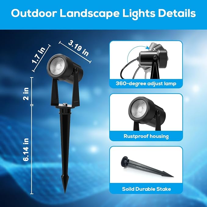 ZYAN Landscape Spotlights, Dimmable, Timer, Auto On Off, Low Voltage, Plug and Play, IP65 Waterproof, 2700K Warm White, for Garden Yard Pathway (6 Pack)