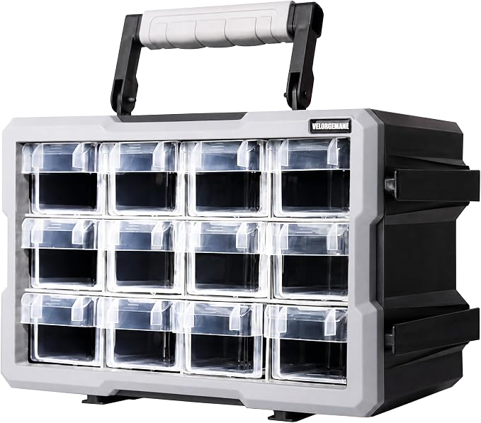 12 Drawer Modular Stackable Storage Organizer with Clear Drawers, Heavy-Duty Interlocking System, Removable Handle, Wall-Mount Workshop Storage Cabinet