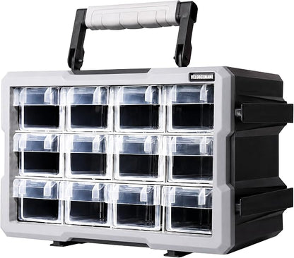 12 Drawer Modular Stackable Storage Organizer with Clear Drawers, Heavy-Duty Interlocking System, Removable Handle, Wall-Mount Workshop Storage Cabinet