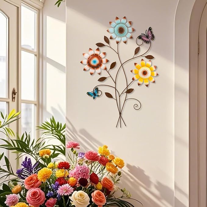 Detene Metal Sunflower Wall Decor with Butterfly 3D Colorful Outdoor Wall Art Fence Decorations for Patio Metal Flowers Wall Hanging Ornament for Garden Porch Living Room Balcony Farmhouse（Restocking soon）