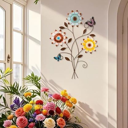 Detene Metal Sunflower Wall Decor with Butterfly 3D Colorful Outdoor Wall Art Fence Decorations for Patio Metal Flowers Wall Hanging Ornament for Garden Porch Living Room Balcony Farmhouse（Restocking soon）