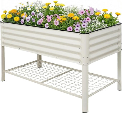 Elevated Raised Garden Bed with Legs - 48''x24''x32'' Galvanized Metal Standing Planter Boxes Outdoor with Bottom Storage Shelf for Backyard, Patio, Balcony, Vegetables, Flowers, White
