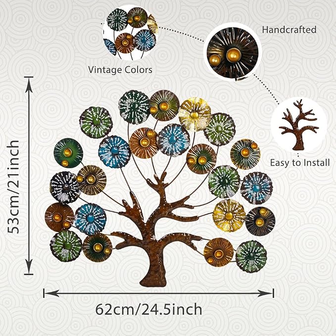 dreamskip Metal Wall Art Modern Large Tree of Life Wall Art with Multi Colored Leaves Handcrafted Outdoor Wall Decor Wall Sculpture for Living Room, Bedroom, Home, Garden (24.5 Inches)
