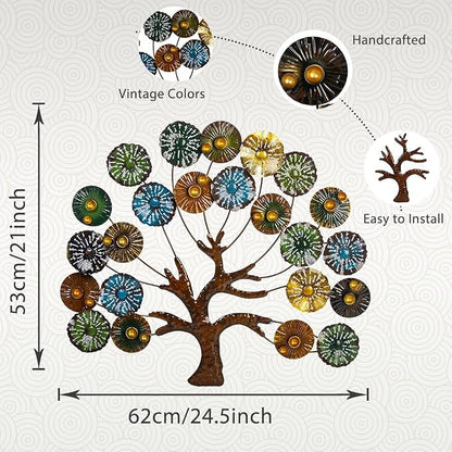 dreamskip Metal Wall Art Modern Large Tree of Life Wall Art with Multi Colored Leaves Handcrafted Outdoor Wall Decor Wall Sculpture for Living Room, Bedroom, Home, Garden (24.5 Inches)