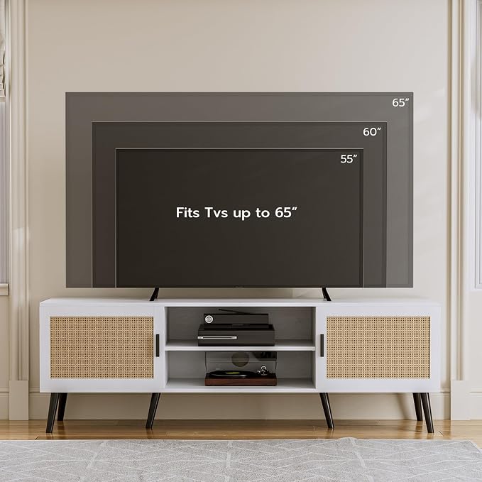 ZttRiee TV Stand with Rattan Doors for TVs up to 65", Mid-Century, White | 54.7"W x 15.7"D x 18.9"H, 150 lbs capacity, 2 rattan-door cabinets & 1 shelf (4 compartments), 2 cord holes, 6 wood feet