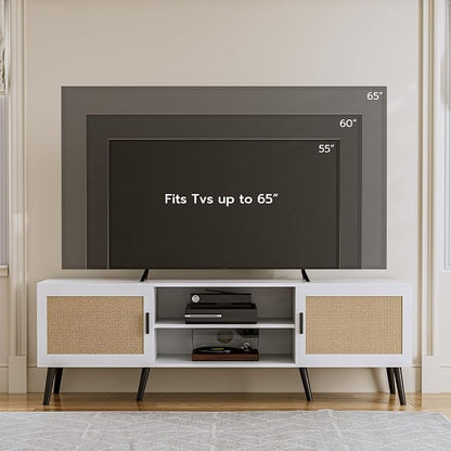 ZttRiee TV Stand with Rattan Doors for TVs up to 65", Mid-Century, White | 54.7"W x 15.7"D x 18.9"H, 150 lbs capacity, 2 rattan-door cabinets & 1 shelf (4 compartments), 2 cord holes, 6 wood feet