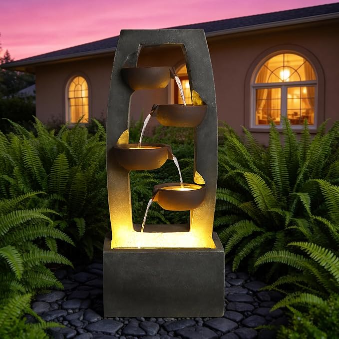 37.6" Outdoor Rock Water Fountain, Small Outdoor Fountain with Lights, 4-Tier Cascading Bowl Design Garden Water Feature, Modern freestanding Fountain for Patio Backyard Porch