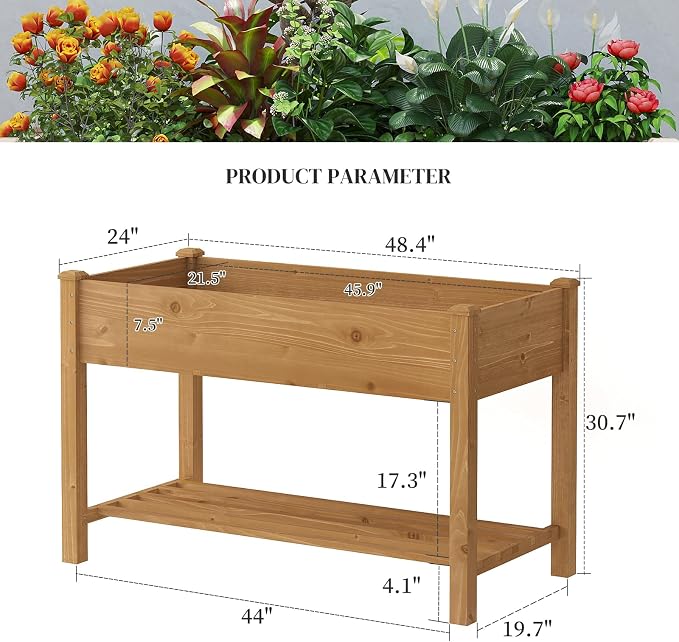 PL 48x24x30.5IN Raised Garden Bed with Legs Elevated Wooden Planter Box Stand Large Planter Stand Box for Fruits Vegetables Flowers Herbs w/Divider Liner (Brown-M)