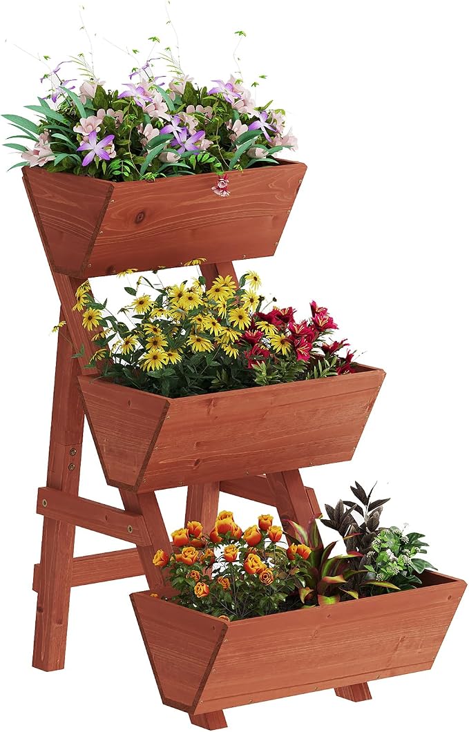 Kitsanery 3-Tiers Wooden Raised Garden Bed,Wood Planter Box for Vegetable,Flower Rack,Flower Pot Stands,Indoor Outdoor Gardening Planting Beds (Brick red, Small)
