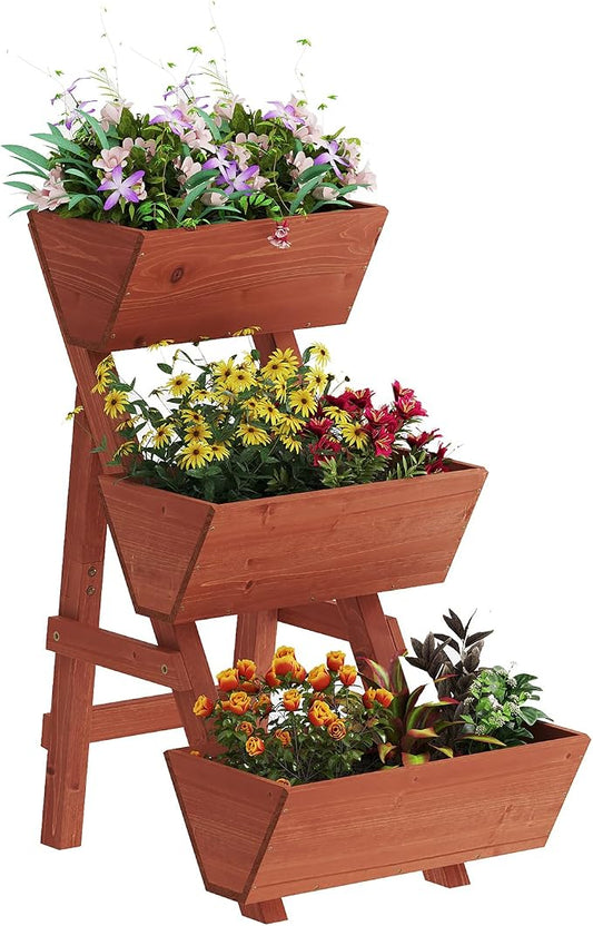 Kitsanery 3-Tiers Wooden Raised Garden Bed,Wood Planter Box for Vegetable,Flower Rack,Flower Pot Stands,Indoor Outdoor Gardening Planting Beds (Brick red, Small)