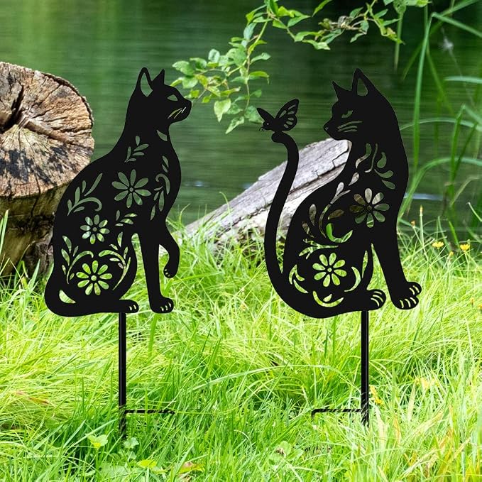 Black Cat Metal Decorative Garden Stakes, Unique Gifts for Cat Lovers, Garden Decor for Outside, Yard Art, Patio, Outdoor Decor, Garden Decorations, Lawn Ornaments (2 PCs)