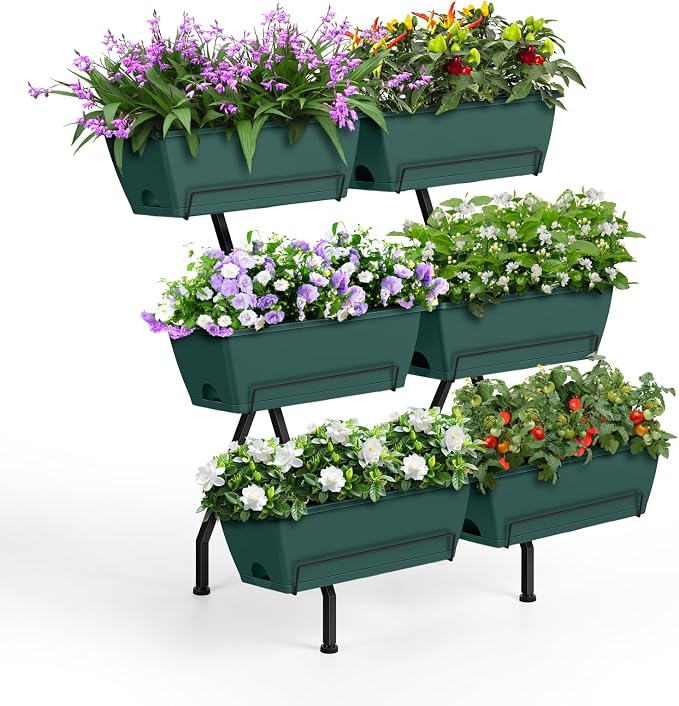 2 Column Vertical Raised Garden Beds, 6 Planter Boxes Standing Garden Bed Outdoor/Indoor Herb Garden Tiered Planter with Drainage Holes & Removable Trays for Flowers/Vegetables/Plants (Green)