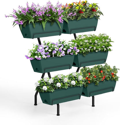 2 Column Vertical Raised Garden Beds, 6 Planter Boxes Standing Garden Bed Outdoor/Indoor Herb Garden Tiered Planter with Drainage Holes & Removable Trays for Flowers/Vegetables/Plants (Green)