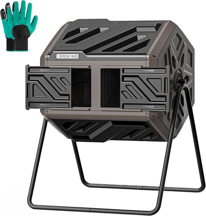 THE Growing 43 Gal Outdoor Compost Bin Tumbler for Backyard Garden, Brown | Twin 21.5gal chambers blend with landscapes. Pre-embedded nuts for fast setup. Durable resin deters pests and bad odors.