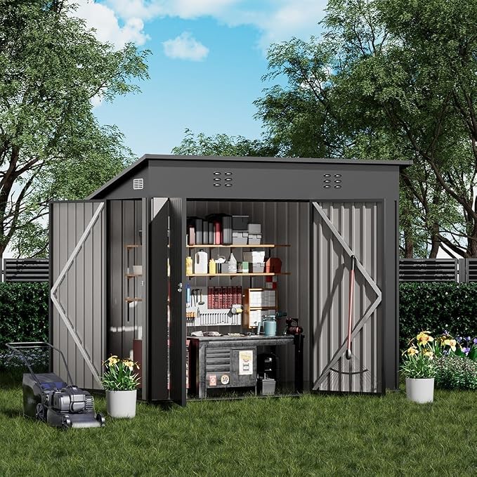 COMHOMA 8'x4' Shed Outdoor Storage,Metal Garden Tool Utility | Steel Tool Shed with Lockable Doors, Sloping Roof, and Air Vent. Perfect for Backyard, Patio, Lawn, and Poolside