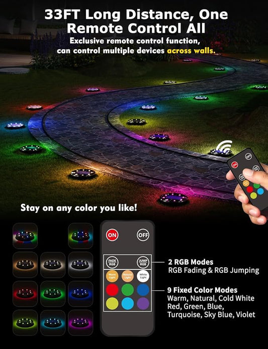 Color Changing Solar Ground Lights with Remote, IP67 Waterproof, 10Pack | 9-Color & 2 Dynamic RGB, 33ft Long Distance Remote Control, Dusk-to-dawn Light Up, Outdoor Flat Disk Light for Yard Lawn Path