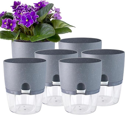 Oliz 6" Self Watering Pots for Indoor Plants, 6pk Grey w/Drainage Saucers | w/ 1 Free Spray Bottle, Plastic Planters for Arican Voilet, Flower Pots for All House Plants