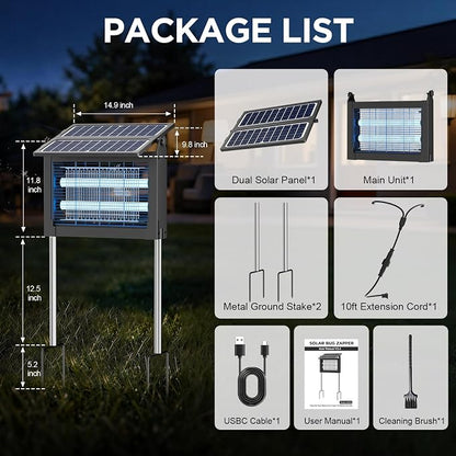 Solar Bug Zapper Outdoor, 4500V Outdoor Mosquito Zapper with Detachable Fold-Down Solar Roof Panel, IPX5 Waterproof Solar Powered Bug Zapper for Patio Yard Garden Backyard Camping, Hanging Stake Use