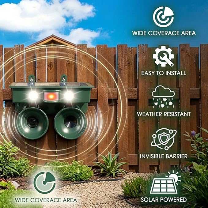 Solar Bird Repeller Outdoor, Woodpecker Deterrent Device for Patio | Ultrasonic Pigeon Waterproof Repellent with Motion Sensor & Flashing Light for Garden&Patio